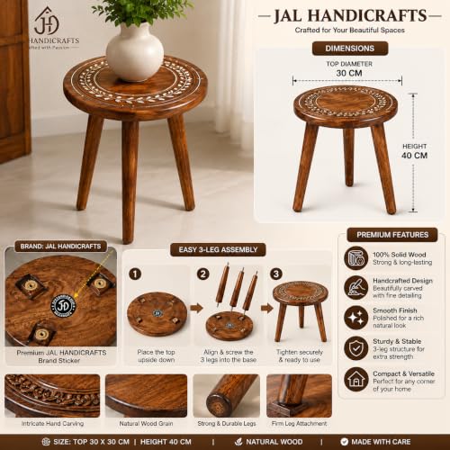 Image of Wood Round Side Table Coffee Table for Living Room | Wooden End Table with Decorative Wooden Plant Stand & Stool for Living Room, Balcony,& Bedroom Accent Table | Brown (Brown)