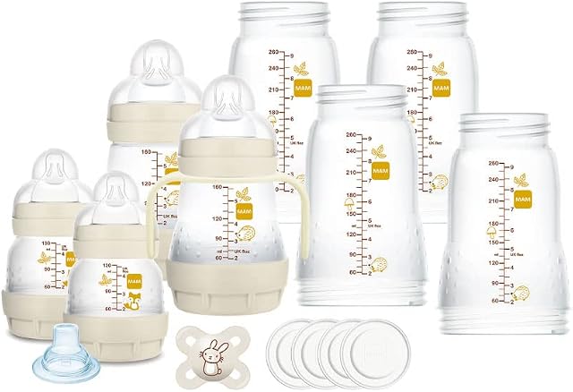 Mam Set of Bottles, 8 Bottles in Sizes of 130 Ml, 160 Ml and 260 Ml, 1 Soother Start Nanò, 4 Disquettes, 1 Soft Spout and Handles, Beige Color - 730 G, 14.7 x 16.8 x 21 cm; 720 Grams