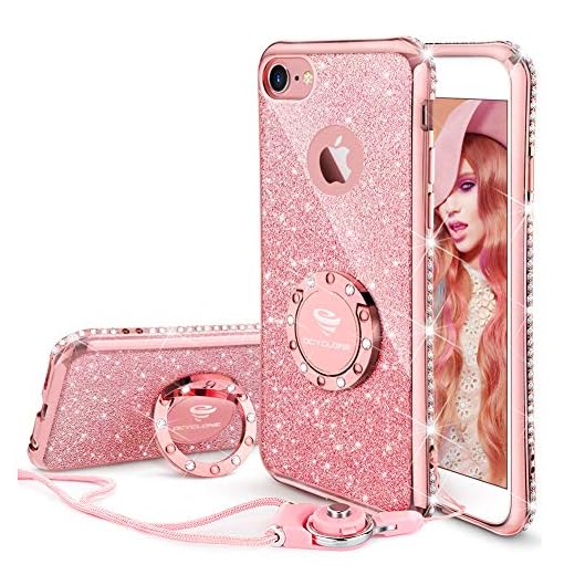 Cute iPhone 8 Case, Cute iPhone 7 Case, Glitter Luxury Bling Diamond Rhinestone Bumper with Ring Grip Kickstand Protective Thin Girly Pink iPhone 8 Case/iPhone 7 Case for Women Girl - Rose Gold Pink