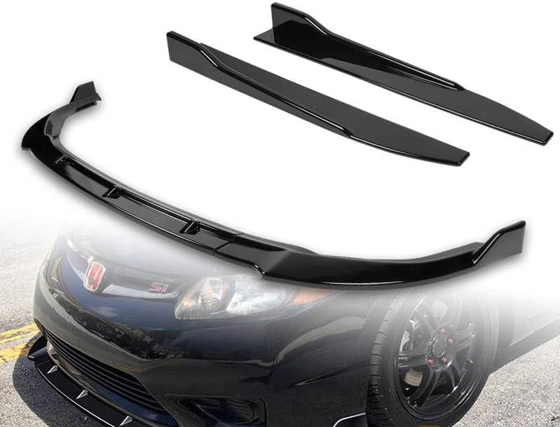 5pcs Combo Painted Black Front Bumper Body Kit Lip + Side Skirt Extensions Diffuser Compatible with 2006-2008 Honda Civic 2DR Coupe 2007