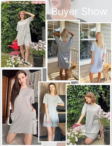 Image of Ekouaer Sleep Shirts for Women Nightgown Short Sleeves T shirt Night Dress Round Neck Womans Nightgown with Pocket S-XXL