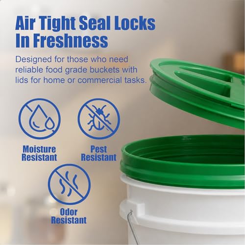 Image of ePackageSupply 5 Gallon Bucket - Food Grade w /Lid BPA-Free, White /Green, 6 | Airtight Gamma Seal Screw-On Lid, Heavy-Duty 90 Mil HDPE Plastic, Food Safe and Durable Container, Bulk Storage, Made in USA