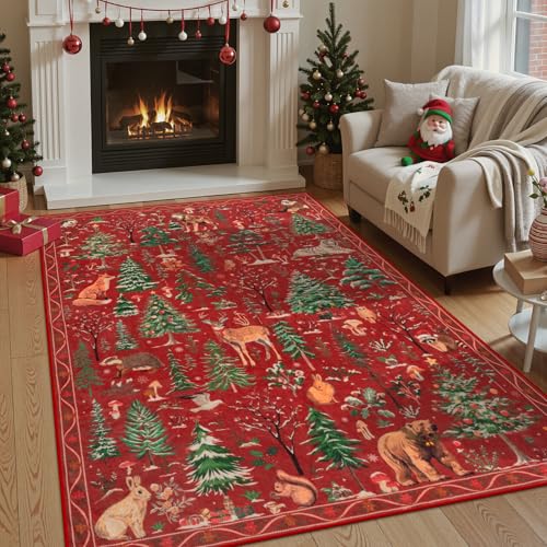 OJIA Christmas Rugs 5x7 Washable Rugs for Living Room, Xmas Red Holiday Rug Soft Animal Bedroom Carpet Ultra-Thin Entryway Rug, Non-Slip Throw Carpet for Kids Nursery Playroom Dining Room