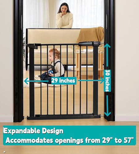 29\"-57\" Baby and Pet Safety Gate, 30\" Tall Metal Walk-Thru Gate for Doorways & Stairs, Easy One-Hand Open, Dual Lock (Black, 29\" W x 30.5“H)