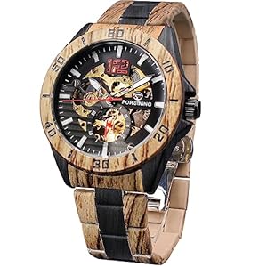 FORSINING Wooden Color Automatic Mechanical Watch for Men, Oversized Dial Fully Hollowed Out Dial Design, Engraved Wood Watches for Husband Birthday Anniversary