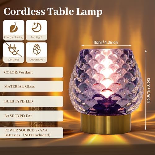 Ecleng 2 Pack Small Battery Operated Lamp with Timer,Cordless Glass Battery Powered Lamp with LED Bulb for Small Spaces,Decorative for Bedroom/Bathroom/Kitchen/Dining/Living Room,Purple photo 5