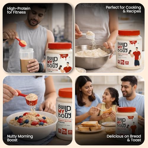 Image of Build My Body | BMB - Pure Peanut Butter Powder | 54g Protein | Makes 500g Peanut Butter Spread | Unsweetened | Unsalted | 100% Natural | 1 /3 Calories | 4x Less Fat | Ideal for Smoothies, Spreads, Baking & Fitness Diets | 227g