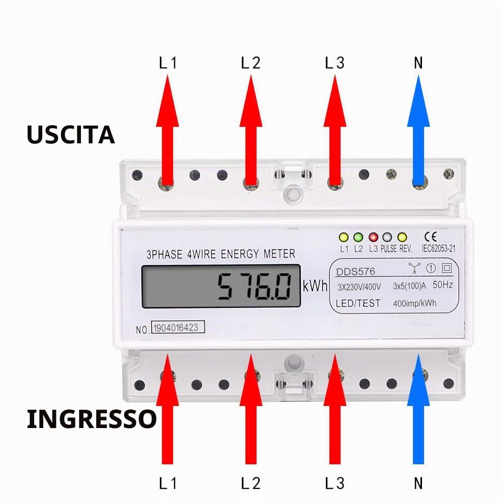 mumisuto Contatore Energia Elettrica, 230/400V 5-100A Misuratore di Consumo Elettrico, Misuratore Consumo Elettrico Trifase KWh, Amperometro Voltmetro Misuratore di Elettricità con Display Digitale
