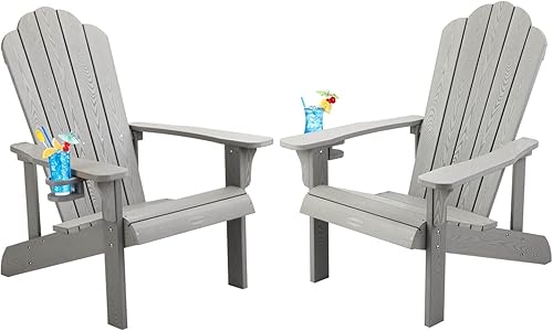 Miniatura 1 de Juego de 2 sillas Adirondack resistentes a la intemperie con portavasos, rayas de madera de imitación, fácil de montar, silla de exterior para