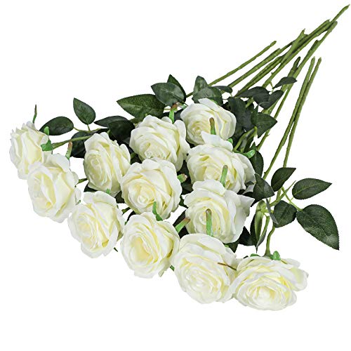 Hawesome Lot de 12 roses artificielles à tige longue avec bourgeons, idéal pour décoration de mariage, bouquet de mariage, arrangement floral, décoration d'intérieur, centre de table, blanc A Cover