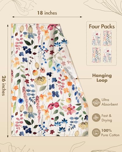 Image of Miss Adola 4PCS Flour Sack Towels - 18 inchx 26 inch Floursack Dish Towels with Hanging Loop Set of 4 Cotton Tea Towel Absorbent Retro Decorative Dishcloth for Drying Home Decor Housewarming Gift, Wild Flower