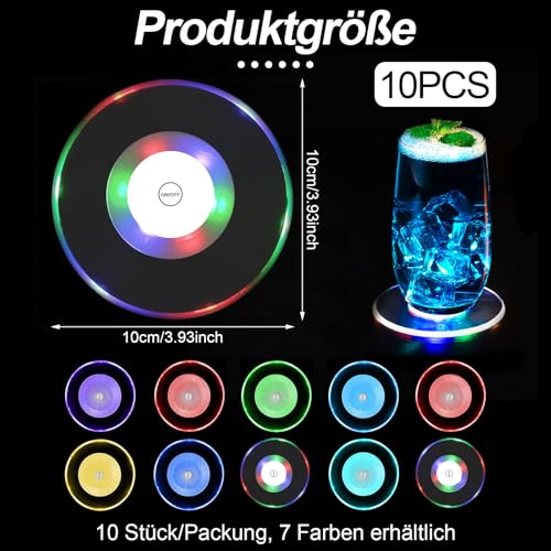 QESSUVNC 10 Stück LED Untersetzer,Bunt LED Untersetzer mit 7 Lichtmodi, 10CM Acryl Rund Wasserdichtes Untersetzer für Hochzeiten Bar Geburtstage Leuchtende Untersetzer Gläser Party