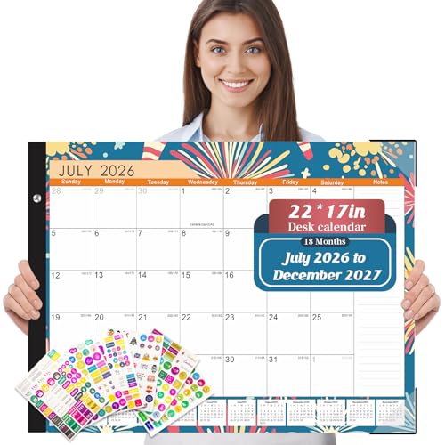 Gannyfer Desk Calendar 2026-2027 18-Month Large Desk Calendar July 2026 to December 2027 22 x 17 Desktop Pad Calendar Perfect for Home School or Office (6 Stickers Included)