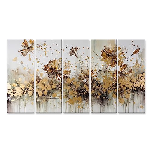 islandburner Tableau sur toile Peinture à l'huile florale abstraite fleur d'or éclaté blanc doré Cadre Affiche Poster Murale Tableaux