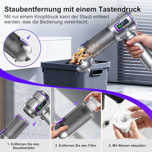 botatio Handstaubsauger, 25000Pa 4-in-1 Handstaubsauger Akku mit Bildschirm mit Display, 1-Knopf-Selbstentleerung & 3-Stufigem Bürstenlosen Motor für Haus, Auto, Haare, Silbern