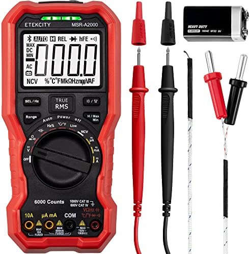 Etekcity Digital Multimeter Voltmeter TRMS 6000 Counts, AC DC Voltage Meter and Current Tester with Volt, Ohm, Amp, Diode, Capacitance, Frequency, Temperature, NCV, for Automotive, Red, MSR-A2000