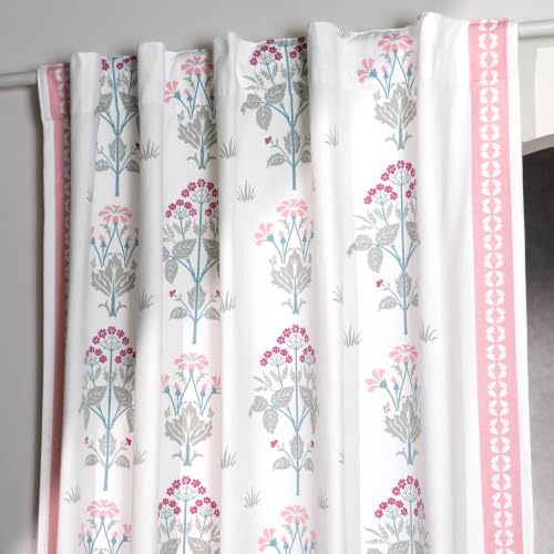 Image of Tranquebar Curtain Co. Window Curtains 5 Feet, 60-65% Room Darkening, Pink Floral Print, Cotton Curtains for Window, Cotton Curtains 5 Feet Long Set of 2, BackTabs, Latha (152 cm) - Set of 2