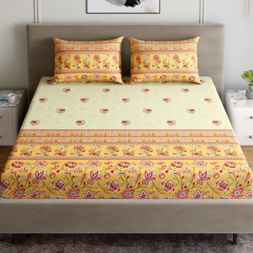 Image of Home Ecstasy 100% Cotton Double Bedsheet with 2 Pillow Covers - (Size 87 x 92 inches, TC, Colour - Yellow)
