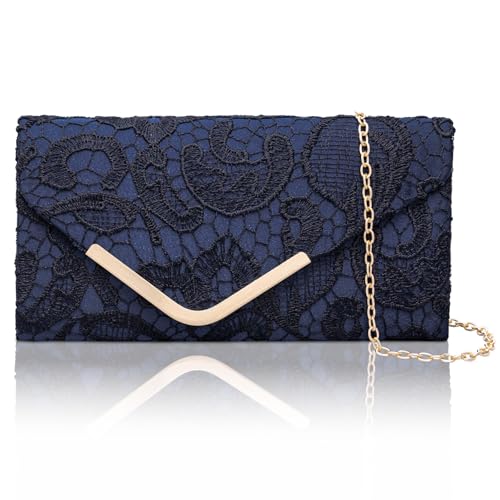 Larcenciel Pochettes et Clutches Femme, Sac à Main Femme Bleu Marine Sac de Soirée en Bordée de Dentelle avec Chaîne, Chic Pochette Enveloppe Bandoulière...