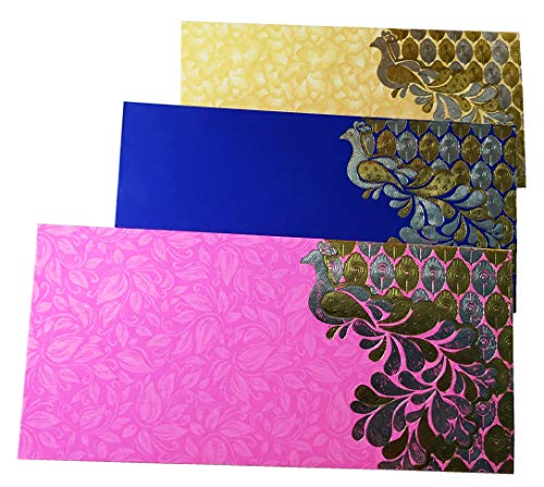 PARTH IMPEX Shagun Gift Envelope for Cash (Pack of 50) 7.5" x 3.5" Peacock Feather Gold Silver Foil Stamping Assorted Color Money Holder Card for Christmas Diwali Birthday Wedding Graduation