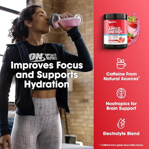 Image of Optimum Nutrition Amino Energy Powder Plus Focus, with BCAA, Electrolytes, and Caffeine, Strawberry Burst, 65 Servings (Packaging May Vary)
