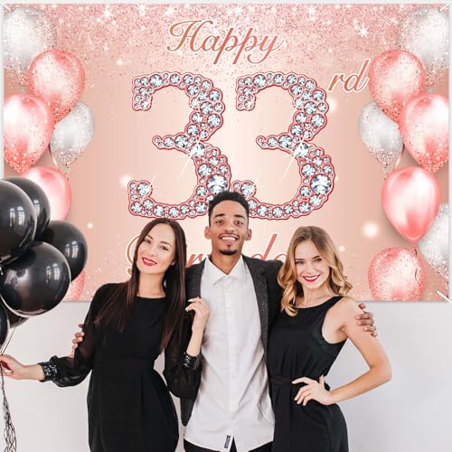 Image of Happy 33rd Birthday Rose Gold Banner Cheers to 33 Years Old Backdrop Confetti Balloons Theme Decor for Women 33 Years Old Pink Birthday Party Decorations Bday Supplies Background Favors Gift Glitter