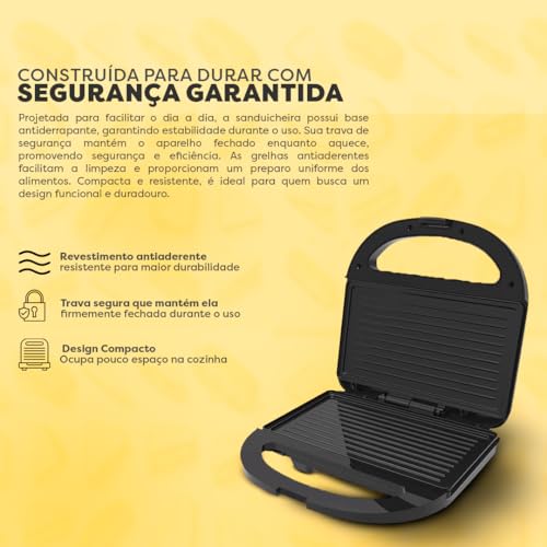 Sanduicheira Grill Antiaderente, Preto, 750W, 127V - Preparo Rápido e Fácil de Lanches Perfeitos