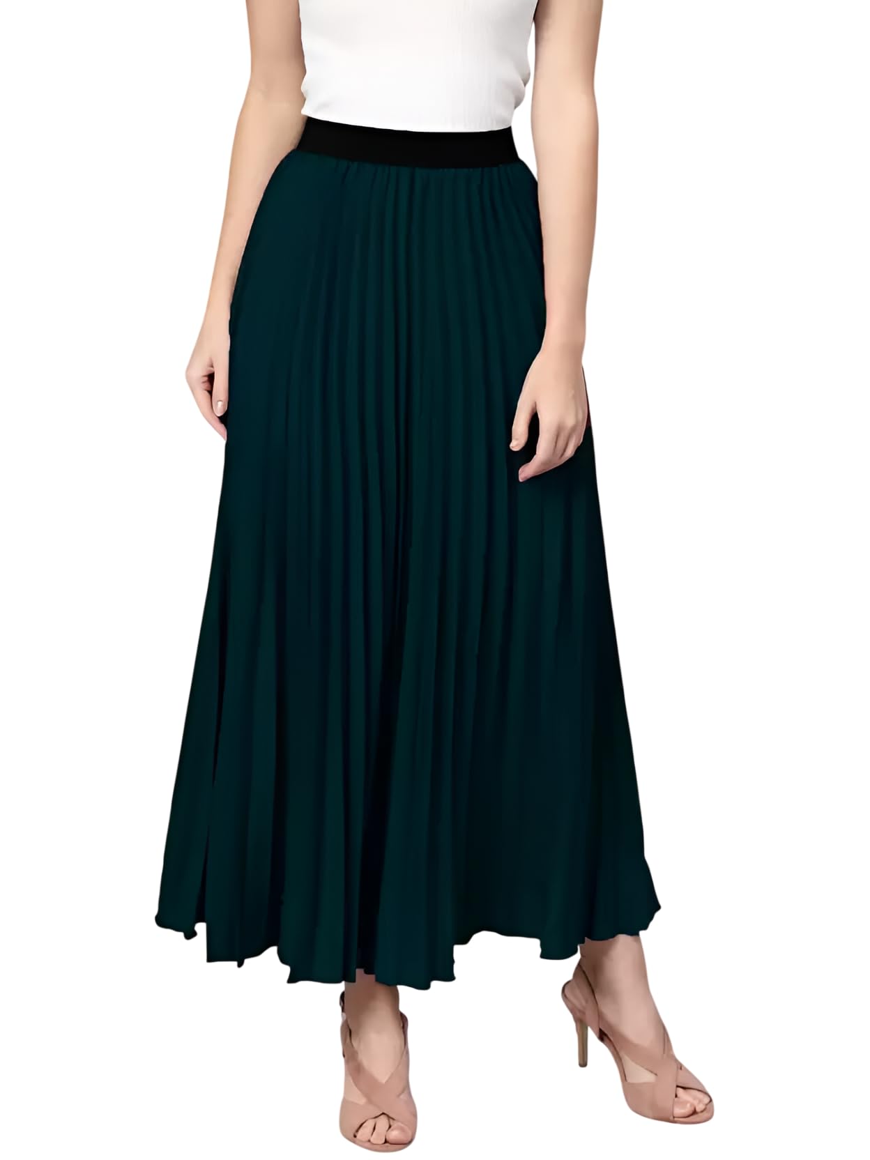 kzully | Graceful Flow Women's Accordian Pleat Maxi Flared Skirt Dark Green L-picture-11