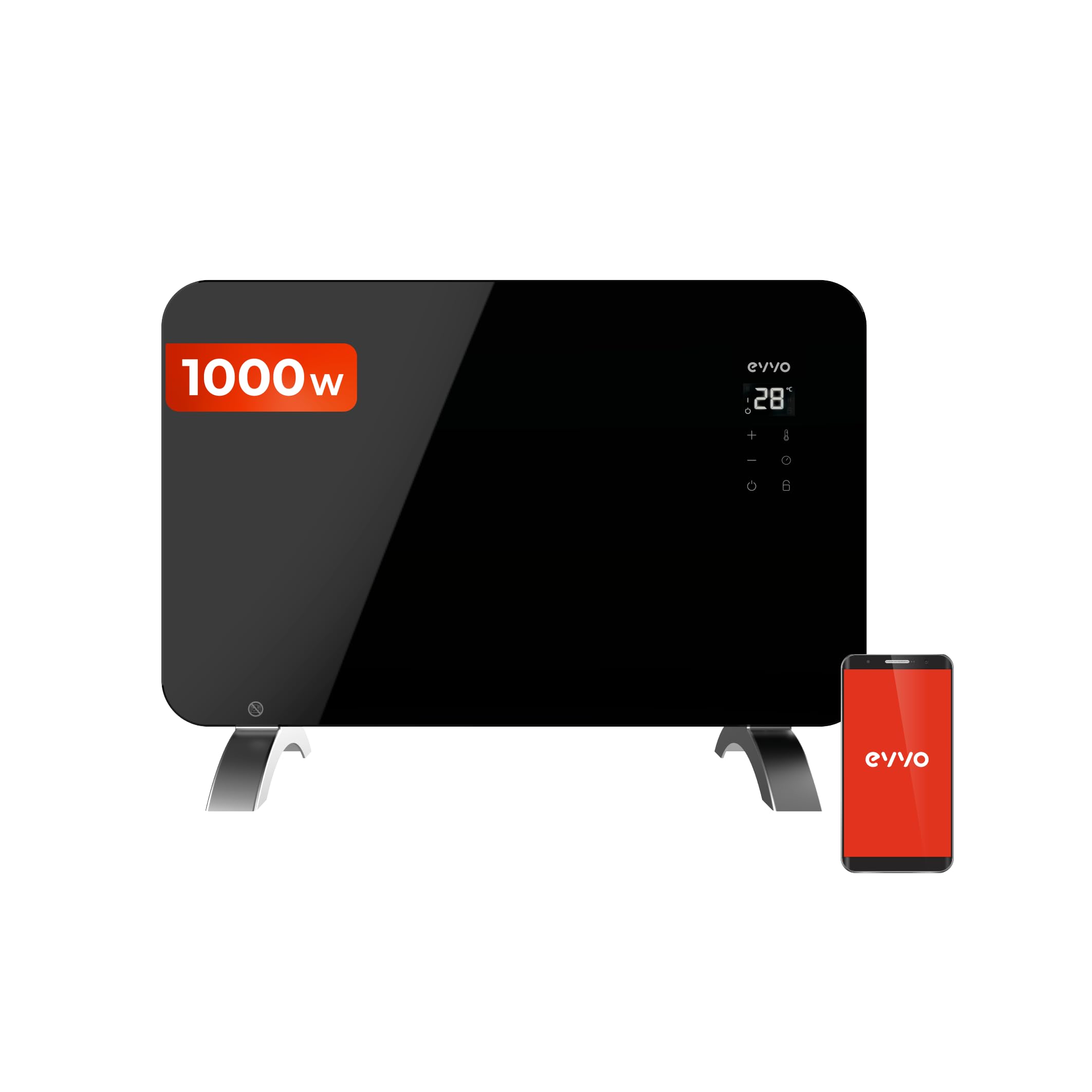 EVVO Convector C1000 Cristal Negro - Calefactor Bajo Consumo de 1000W, Radiador Electrico Bajo Consumo, Calefactor Baño con Pantalla Táctil, Wifi, App Móvil, Mando, Suelo o Pared, Google Home, Alexa