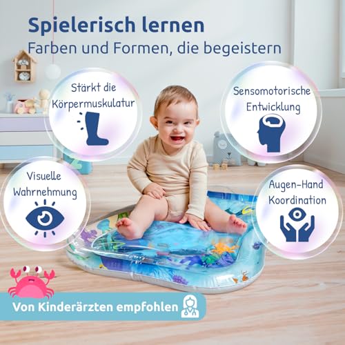 Mallie® Wassermatte Baby 66x50 CM [100% BPA & Schadstoff-Frei] ab 3, 6 und 9 Monate im Ozean Blau Design I Baby Spielzeug, Spielzeug Ab 6 Monate als Wassermatte Baby und Baby Spielzeug 6 Monate