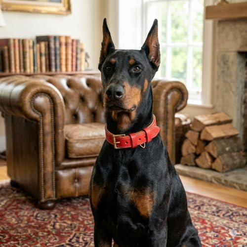 Image of Genuine Leather Dog Collar, Red, Extra Large, Brass Buckle, Padded | 1.5 Inch Wide, Fit Neck Size - 22 inch - 26 inch, Double D Ring, Adjustable, Thick Leather, Heavy Duty, Soft Leather padding