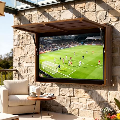 YIJIETON Outdoor TV Enclosure, Fit for 32-65 Inch TV, Solid Wood Wall-Mounted TV Cabinet with Dual-Arm Steel Bracket, Includes 600D TV Cover (Walnut Color)