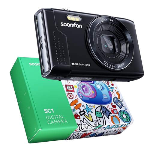 SOOMFON Camara de Fotos con MAX 72MP Video 1080P, Digital Camara Zoom 16X 19 Filtros, Cámara Digital Compacta con 2 Baterías Tarjetas de 32GB, Cámera Fotografia para Adultos/Niños/Adolescentes -Negro
