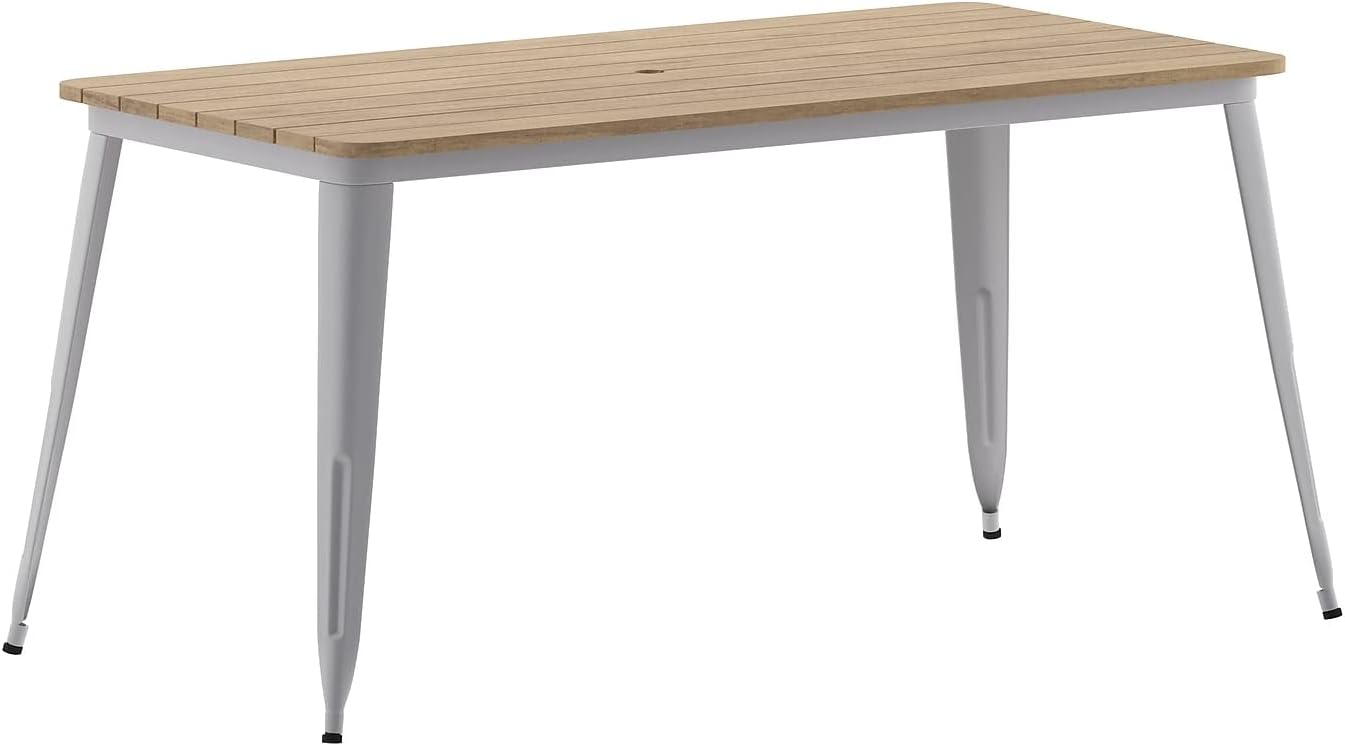 Flash Furniture Declan Commercial Outdoor Dining Table with Umbrella Hole, All Weather Poly Resin Top and Steel Base, 30" x 60", Brown/Silver