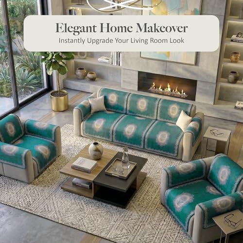 Image of Kuber Industries 5 Seater Sofa with Arm Cover | Slipcover for Living Room | Thick & Cozy | Non-Slip Comfort Sofa Cover Set | Sunflower Print Blaze 1418 - Green