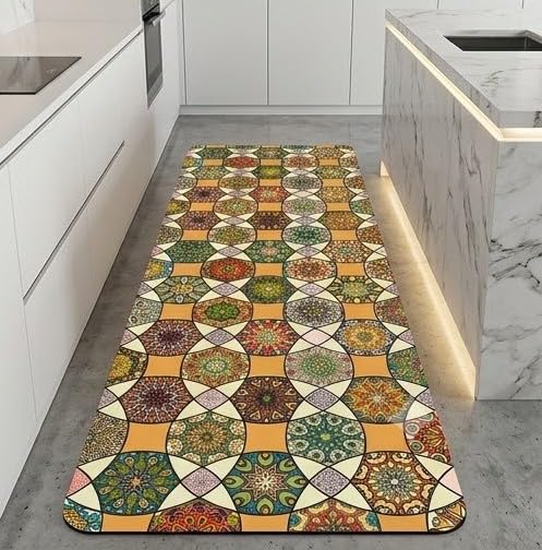 Image of HomeCloud Rubber Kitchen Mats for Floor Set of 2 Pcs|Non-Skid, Soft Absorbent Rugs for Kitchen, Laundry, and Hallway|120x40cm, 40x60cm| 4mm Thickness (Yellow Flower Circle)