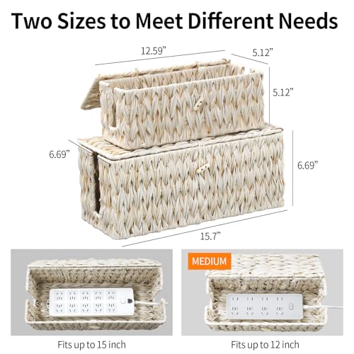 Cable Management Box,Boho Decorative Handwoven 2 Open Slots Cord Organizer Hider Box with Lid for TV Wires, Computer, Router, USB Hub and Under Desk Power Strip - Image 5