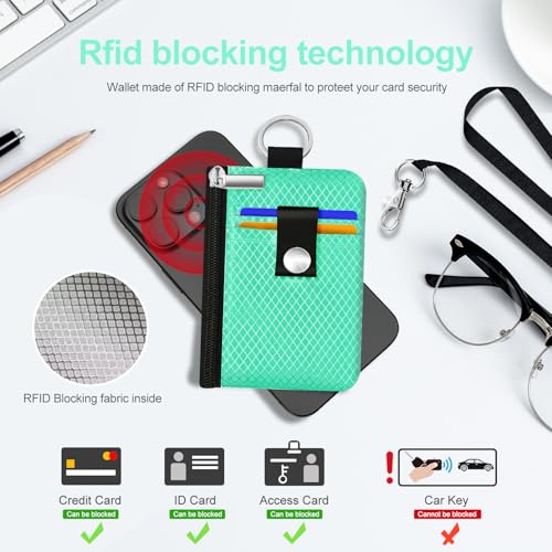 Image of Minimalist RFID Blocking Small Wallet with ID Window,WaterResistant Zip Id Case Wallet with Lanyard Keychain for Cards,Cash,Travel,Women,Men (Mint Green)
