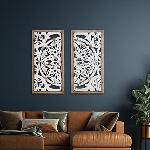 Xiaoaika Carved Wood Wall Art Decor, 31.5 Inch Hand Carving On Wood, Antique Distressed White Wood Panels Wall Art Decorative Sculpture Hanging Wall Décor, Elegant Wood Wall Art Plaque (2 Panels) #TOP5
