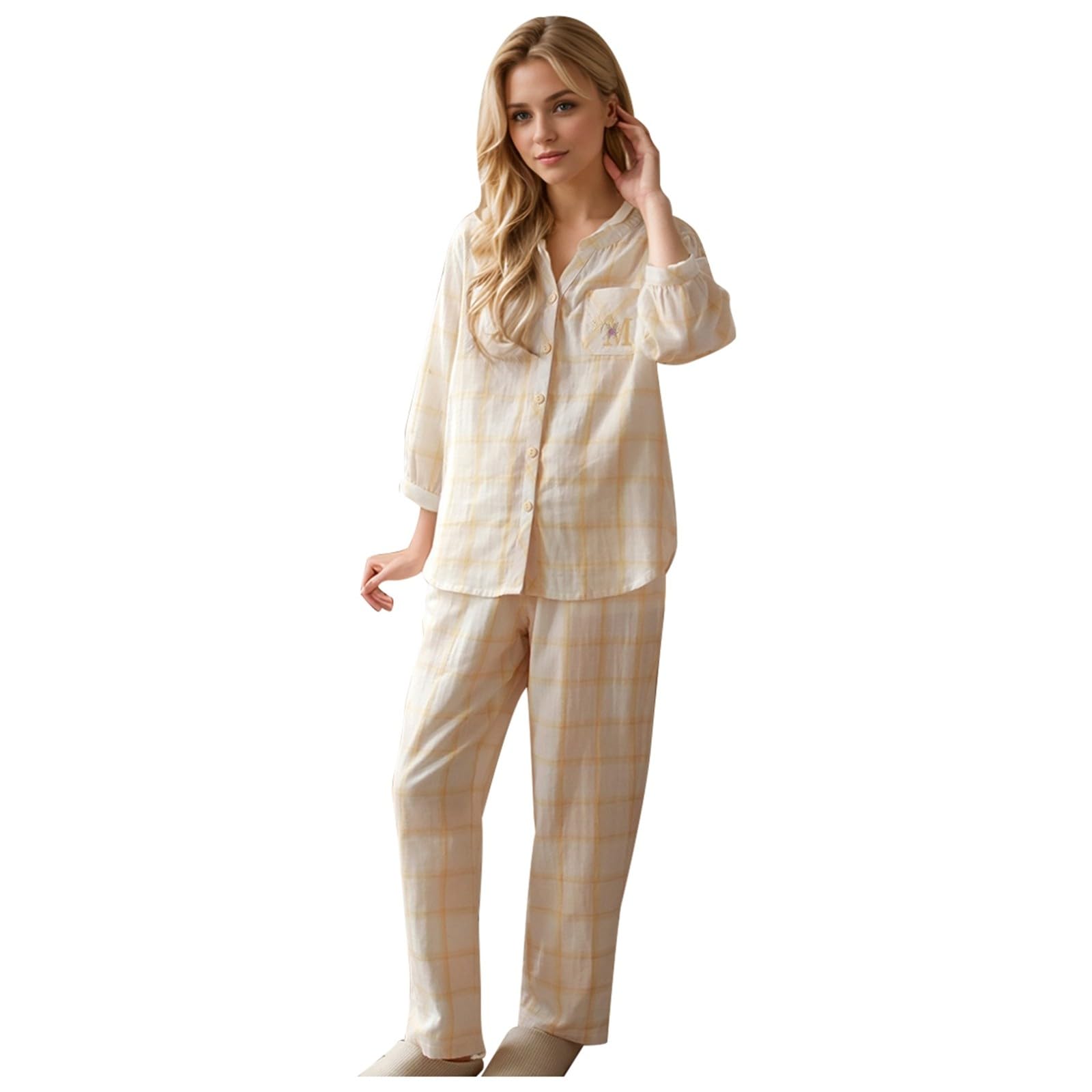 Damen Schlafanzug Pyjama Set Damen—Zweiteiliger Damen Schlafanzug Zum Knöpfen—Schlafanzug Damen Lang Pyjama Mit Reversanzug Große Größen Damen Pyjama Damen Hausanzug Kuschelig