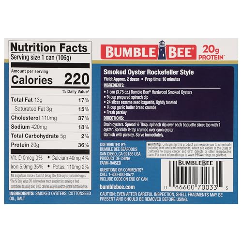 Bumble Bee Canned Hardwood Smoked Oysters, 3.75 oz Can - Ready to Eat - 18g Protein per Serving - Gluten Free