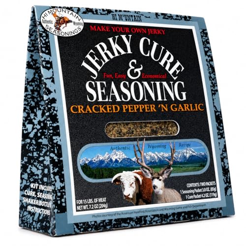Hi Mountain Jerky Seasoning and Cure Kit | CRACKED PEPPER 'N GARLIC BLEND BLEND Beef Jerky Seasoning | Perfect for Beef, Venison, Elk, Deer, & Wild Game | Seasons up to 15 lbs of Meat
