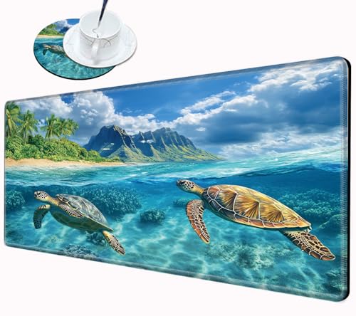 Image of Gaming Mouse Pad Large Mousepad Sea Turtle Desk Mat XXL Big Desk Pad 31.5x15.75 Rubber Base Computer Pad with Stitched Edges Mouse Mat for Work Game Home Office