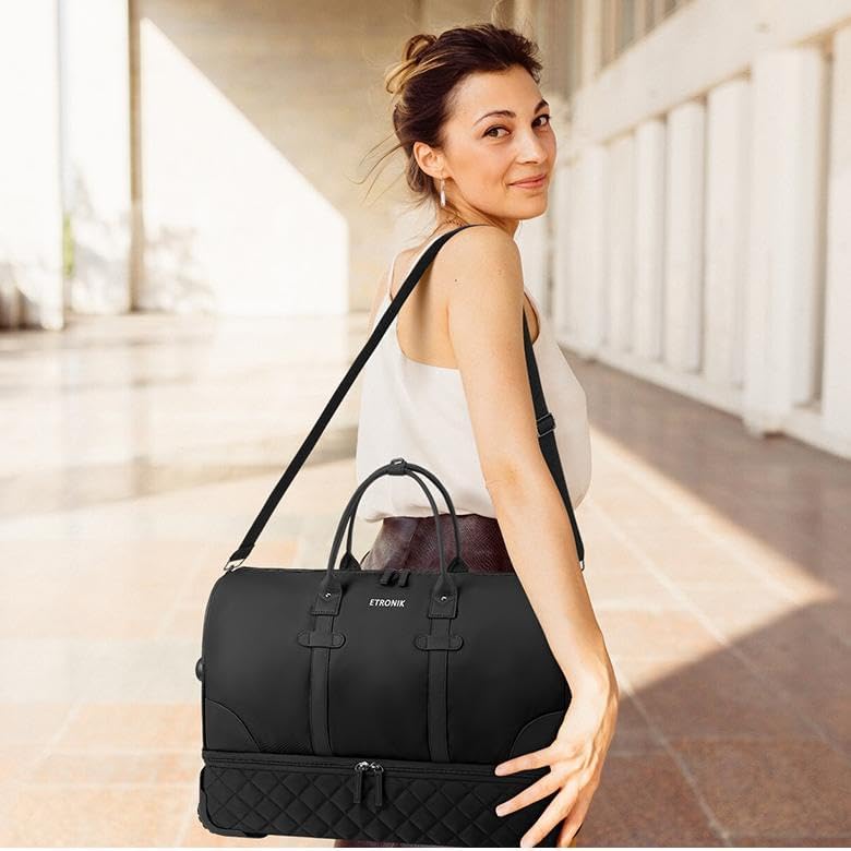 ETRONIK Rolling Duffle Bag with Wheels, 21 Inch Flight Approved Duffle Bag for Travel with Toiletry Bag, Carry on Luggage Weekender Bags for Women with Shoe Compartment, Black - Image 2