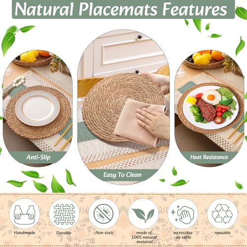 Gandeer Set of 4 Sage Green Boho Table Runner and Placemats, Round Woven Place Mats, Farmhouse Macrame Long Table Runner, Rustic Wood Bead Napkin Rings for Wedding Kitchen Dining Tables Decor by Gandeer - Used condition - Image 5