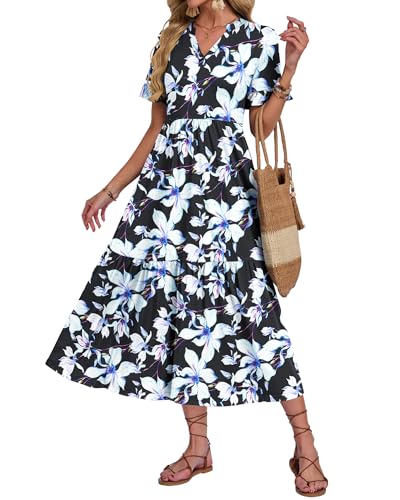 AUSELILY Robe Longue Fluide Col en V Manches Courtes Ete Robe de Plage Longue Chic et Elegante Fleurie Legere Casual avec Taille Empire Poches Orchidée Blanche Noir L