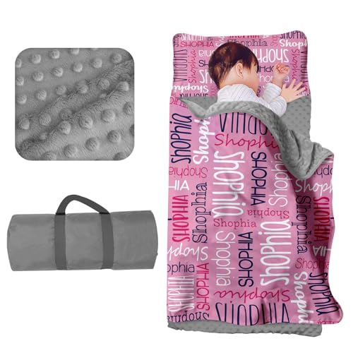 Evulum Personalized Toddler Nap Mat for Daycare Kids Girls Sleeping Bag with Pillow and Blanket for Preschool Kindergarten, Custom Name Monogrammed Nap Mats Pink