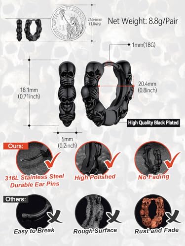 FaithHeart Skull Hoop Earrings for Men Silver/Black/Gold Stainless Steel Huggie Hoop Earrings Lightweight Hypoallergenic Earrings for Sensitive Ears4
