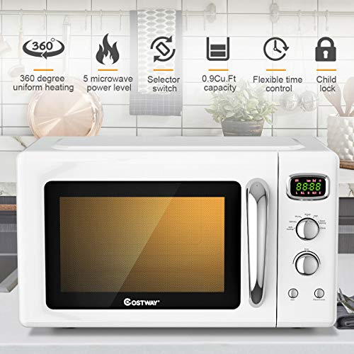 Costway Retro Countertop Microwave Oven, 0.9Cu.ft, 900W Microwave Oven, With 5 Micro Power, Defrost & Auto Cooking Function, Led Display, Glass Turntable Viewing Window, Child Lock, Etl #TOP1