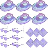 Conjunto completo de accesorios de vaquera: este juego holográfico morado incluye 6 sombreros de vaquero nacarados con cordón ajustable, 6 gafas moradas en forma de corazón y 6 bandanas a juego, perfectas para crear un look occidental moderno.